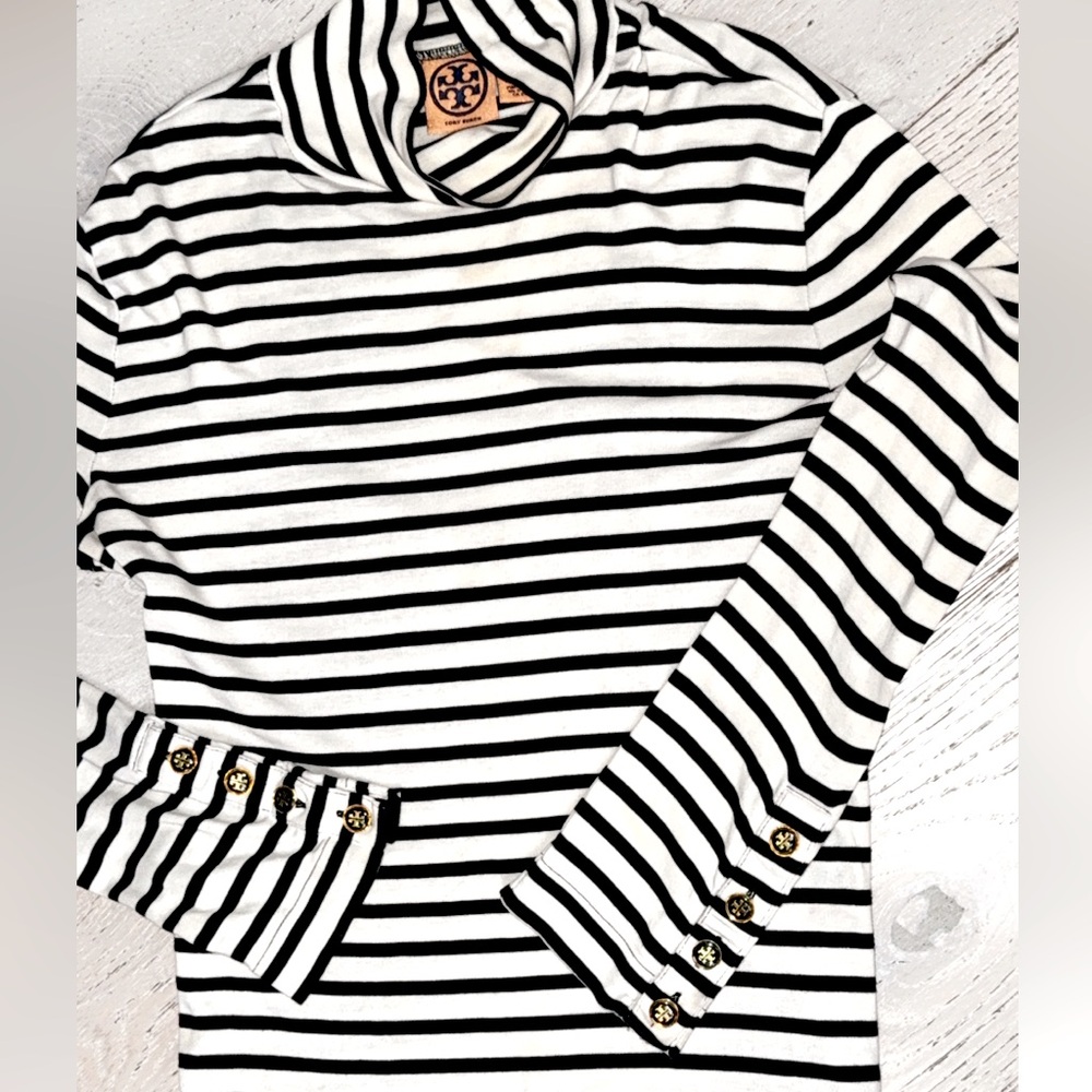 Tory Burch Stripe Turtleneck medium button cuffs long length black cream